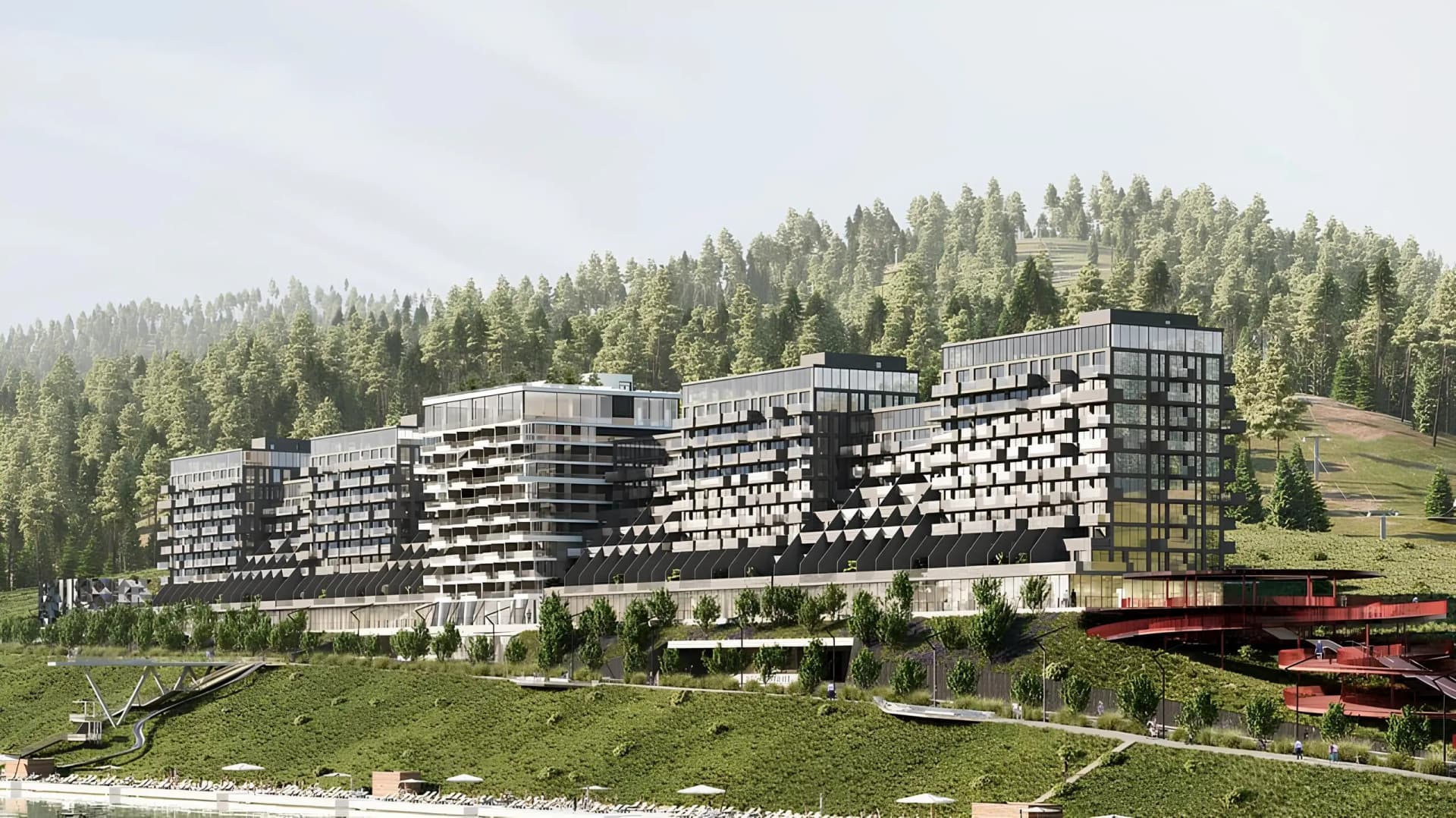 Фото сучасної архітектурної споруди з акцентом на геометричні форми та освітлення