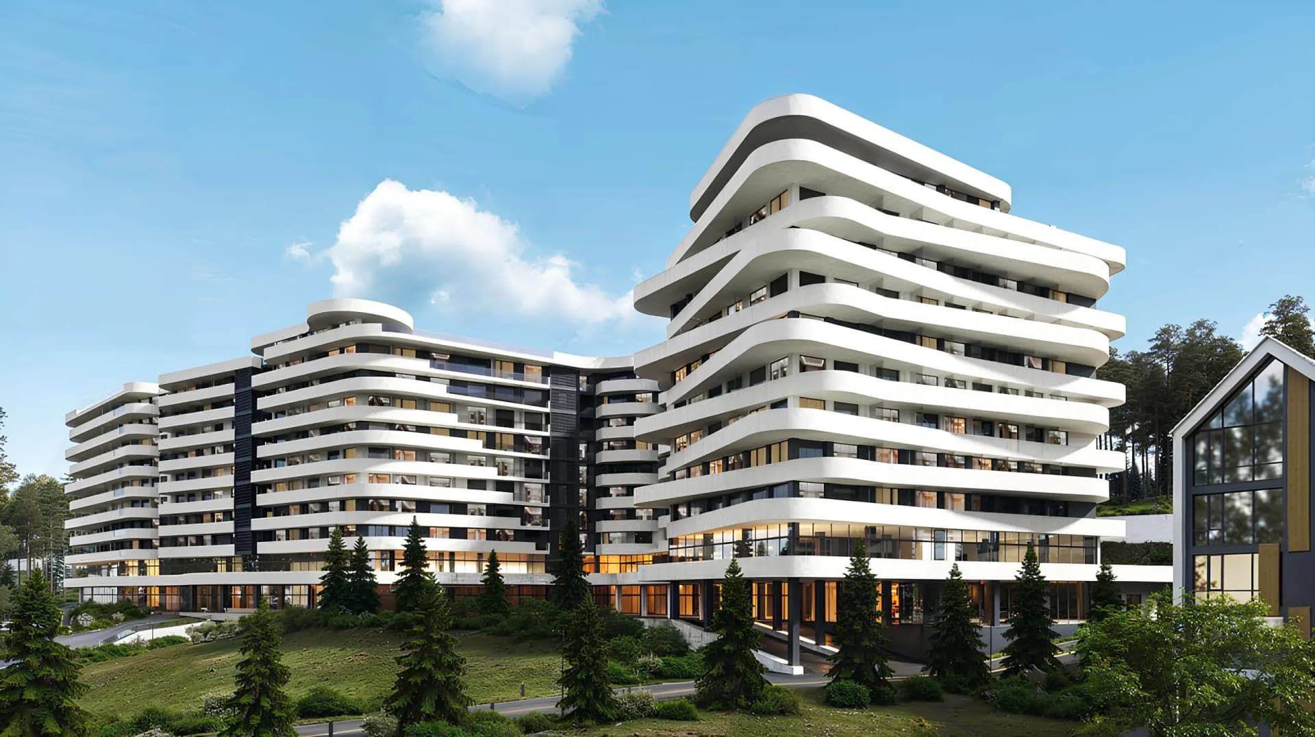 Візуалізація житлового комплексу з панорамним склінням у вечірній час